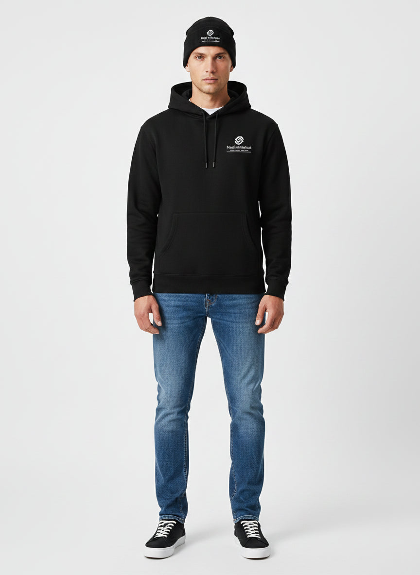 A man wearing HUDL Winter Kit Bundle — squash embroidered beanie and unisex fleece hoodie"