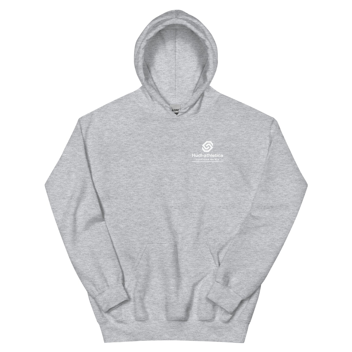 A woman wearing a HUDL unisex pullover fleece hoodie – squash off-court essential, embroidered HUDL logo in heather