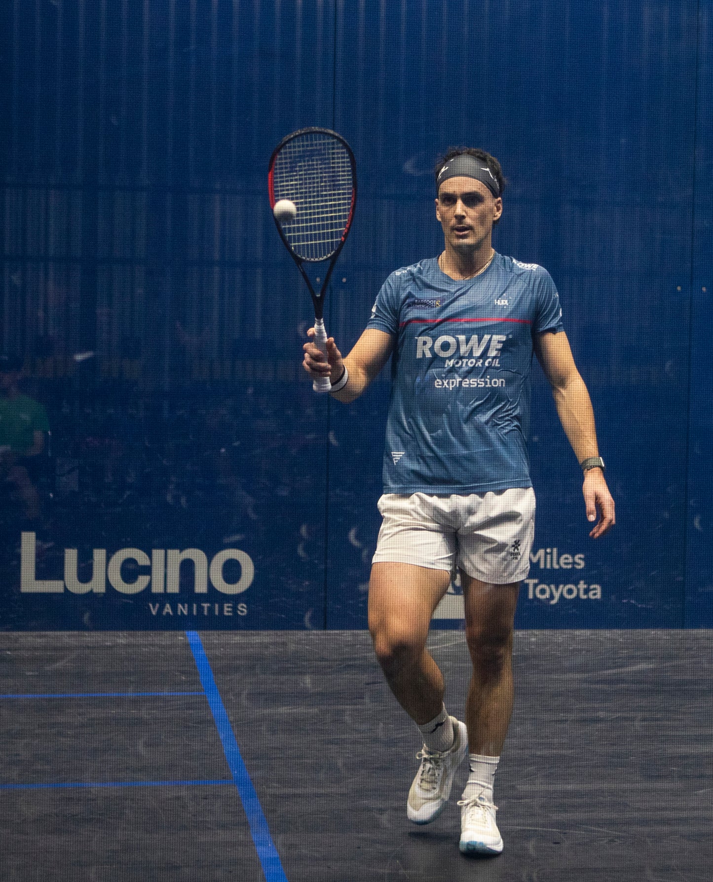 Paul Coll Superman 2026 limited edition squash shirt – NZ pride, XTPro performance fabric Paul on Court bouncing the ball