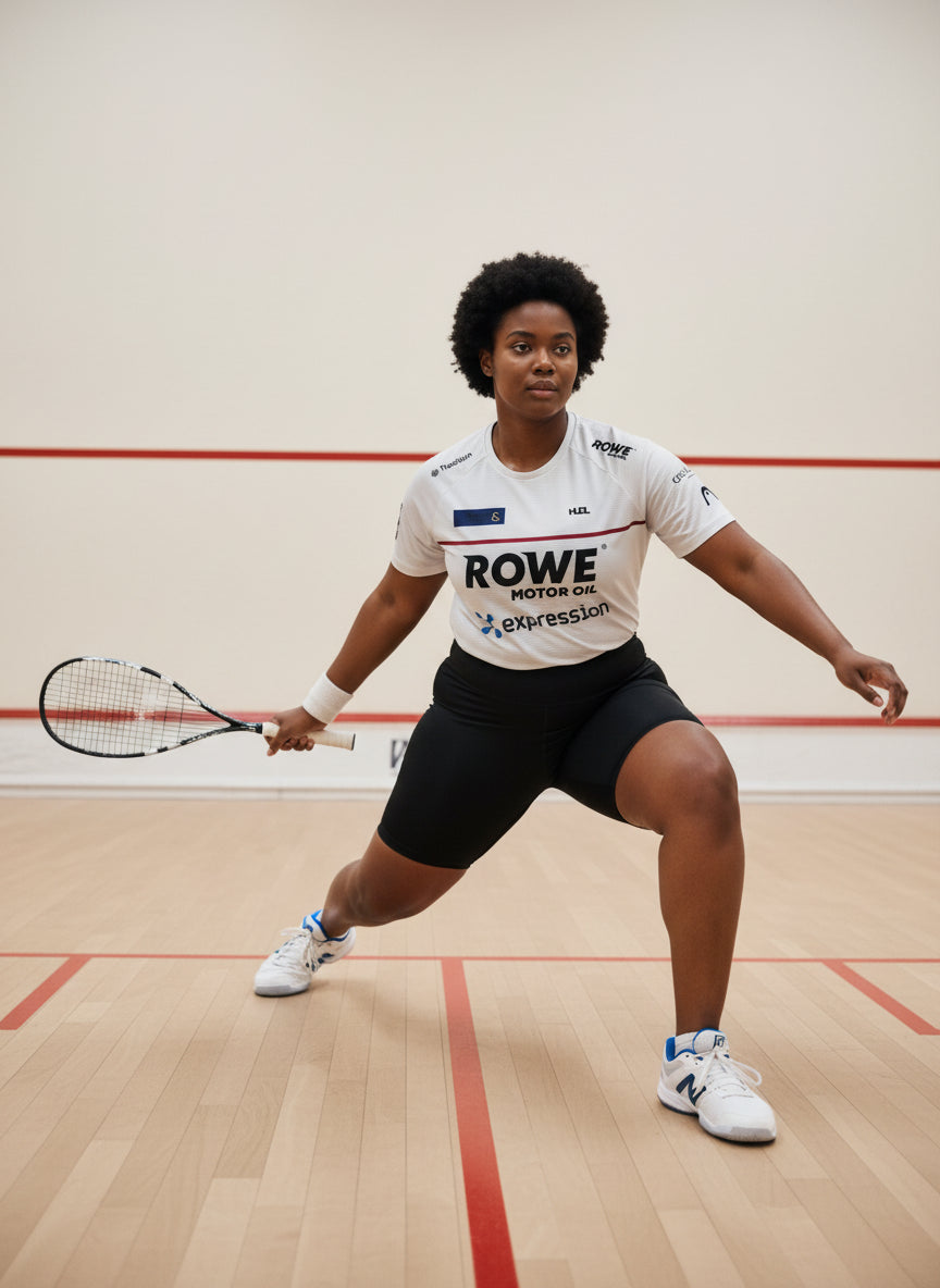 A woman wearing HUDL women's squash biker shorts – XTPro fabric  high-performance fit also wearing the White Paul Coll Tournament T shirt