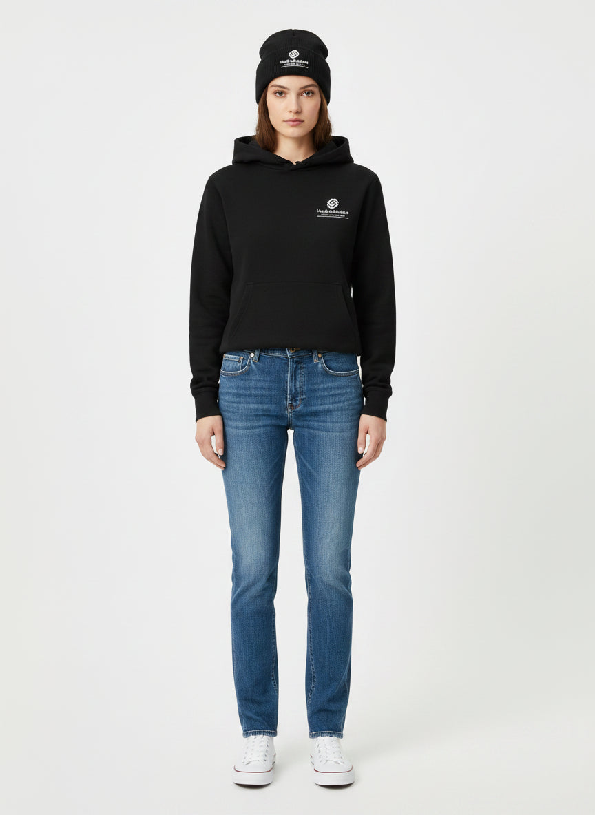 A woman wearing HUDL Winter Kit Bundle — squash embroidered beanie and unisex fleece hoodie"