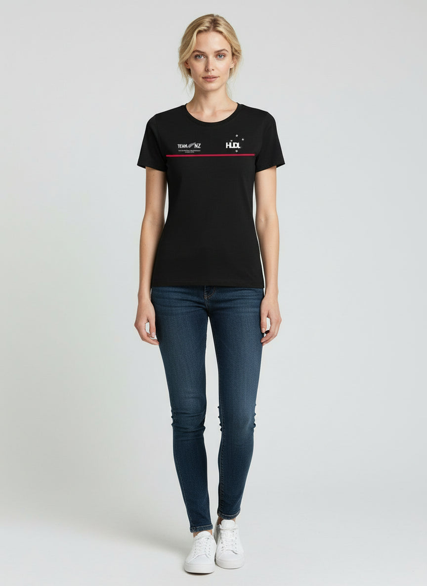 Front view of a young woman wearing Paul Coll 2026 team support squash shirt pre-sale – back NZ's finest on court with HUDL Athletica.  