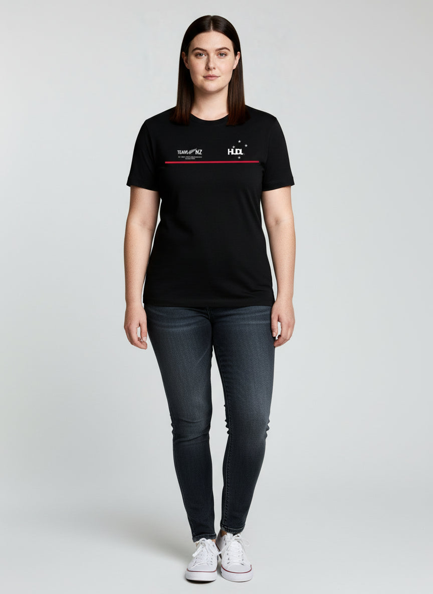 Front view of a lady wearing Paul Coll 2026 team support squash shirt pre-sale – back NZ's finest on court with HUDL Athletica.  