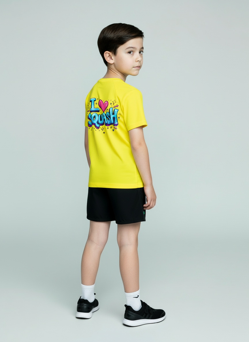 Back of a young boy in a yellow HUDL kids squash performance T-shirt – XTPro fabric, wicking and light weight, junior fit
