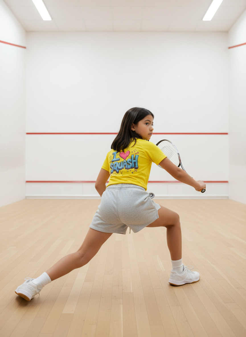 A young girl at full stretch in a yellow HUDL kids squash performance T-shirt – XTPro fabric, wicking and light weight, junior fit