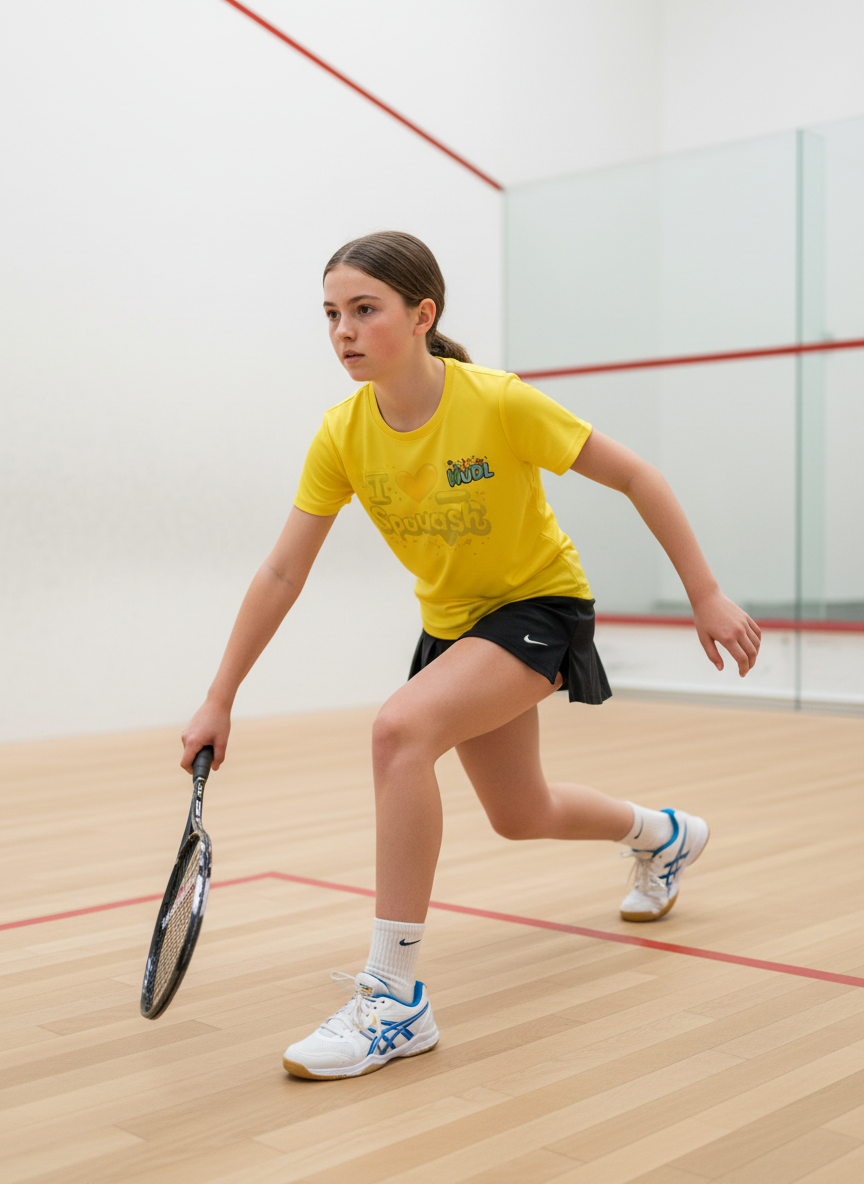 A young girl at lunging for a ball in a yellow HUDL kids squash performance T-shirt – XTPro fabric, wicking and light weight, junior fit