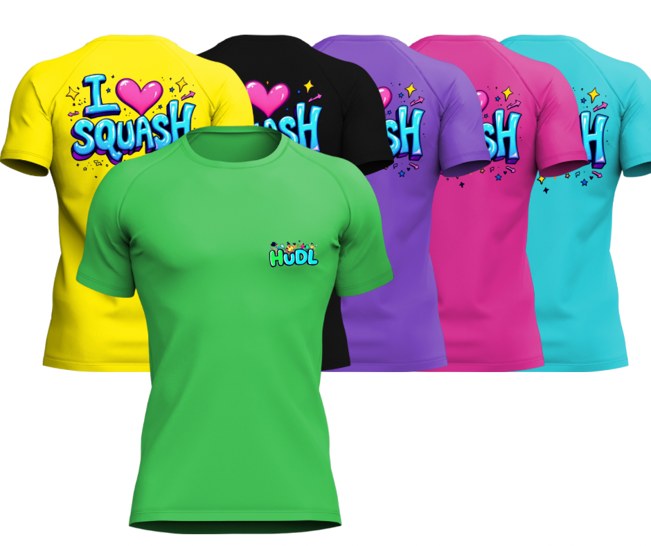 Six  HUDL kids squash performance T-shirt – XTPro fabric, wicking and light weight, junior fit showcasing yellow, green, black, purple, pink, teal and green colours 
