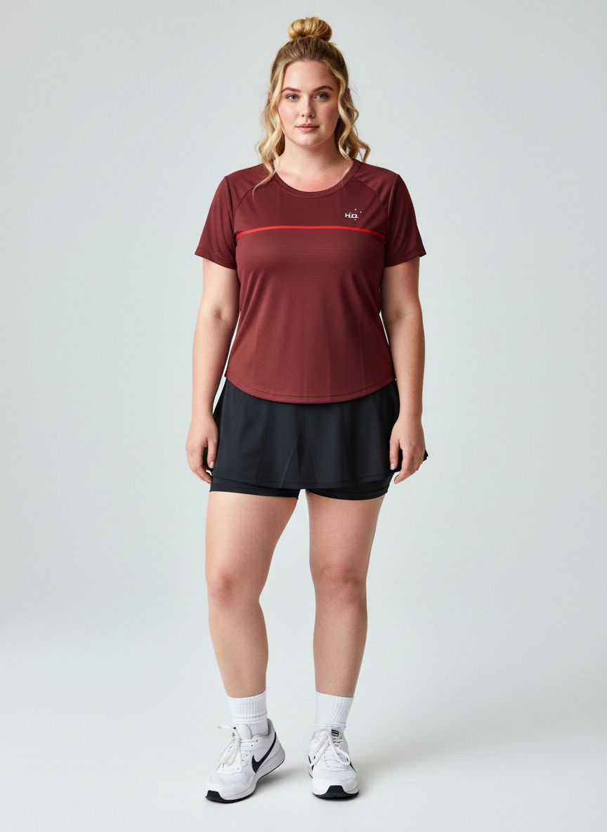 A woman wearing the HUDL women's squash skort 2026 – XTPro fabric,  moisture-wicking, with the Hudl Performance T in red