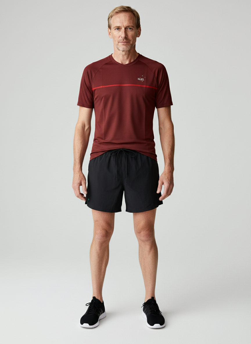 A man standing wearing a Paul Coll squash shirt fabric detail – anti-odor silver-plated yarn technology in Burgundy