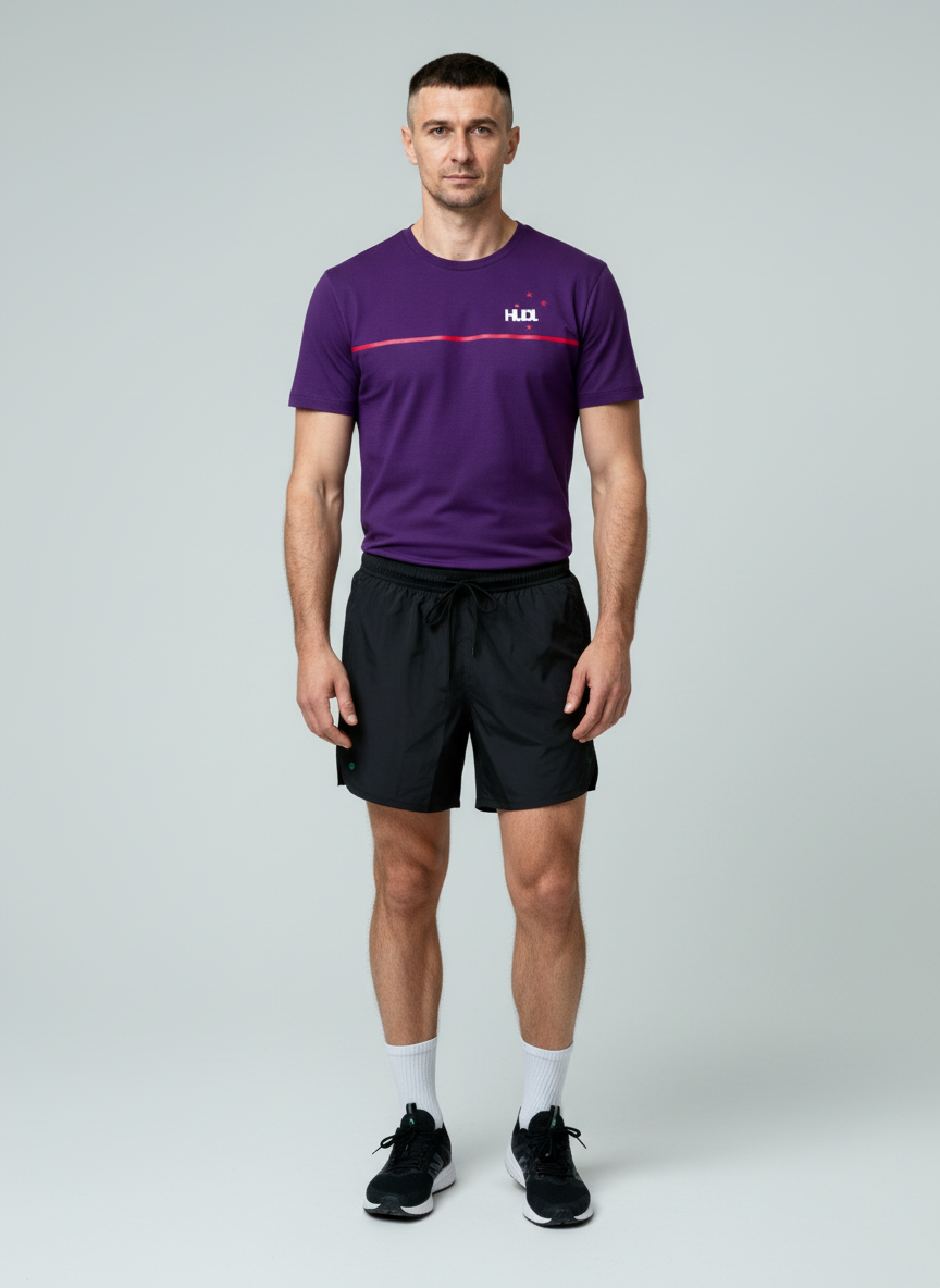 A man standing wearing a Paul Coll squash shirt fabric detail – anti-odor silver-plated yarn technology in Purple