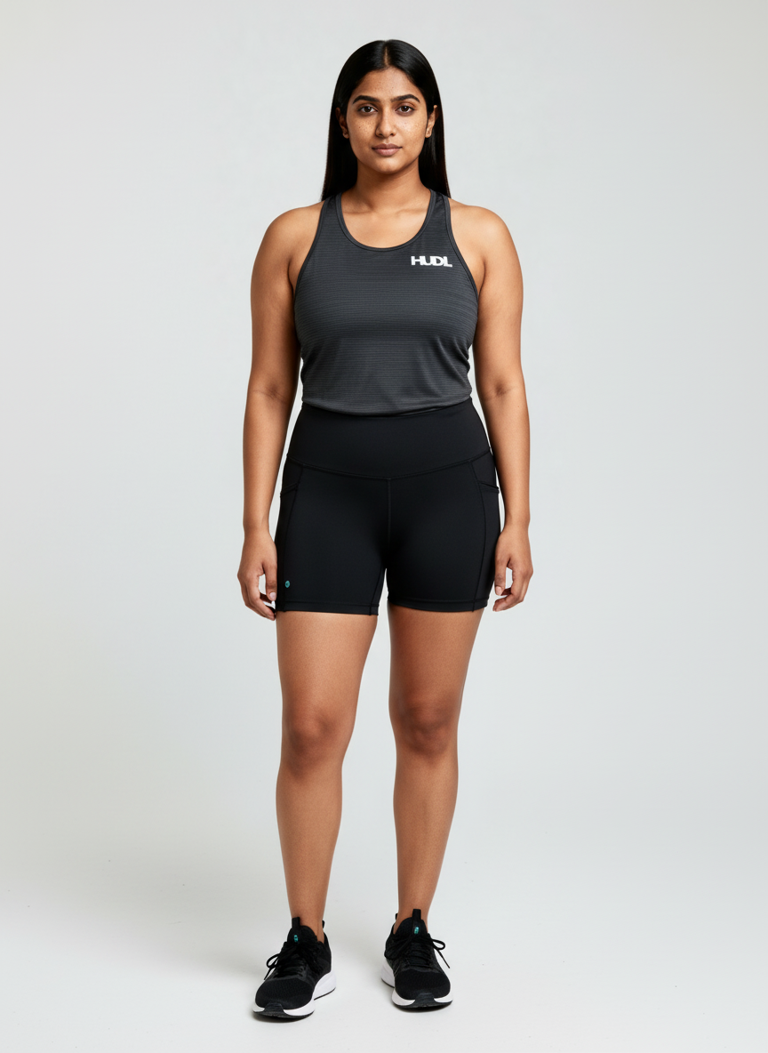 HUDL women's scoop neck squash training top – XTPro fabric, breathable racer-back design in Black 