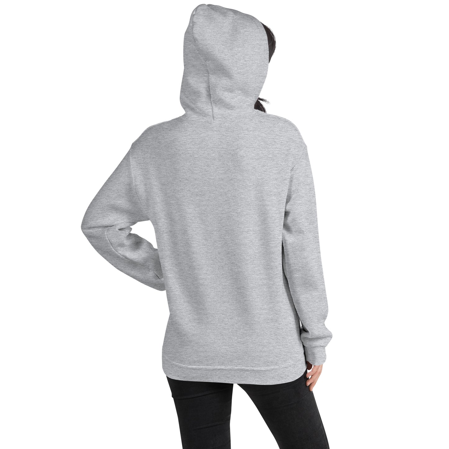 The back of a woman wearing a HUDL unisex pullover fleece hoodie – squash off-court essential, embroidered HUDL logo in light grey heather 