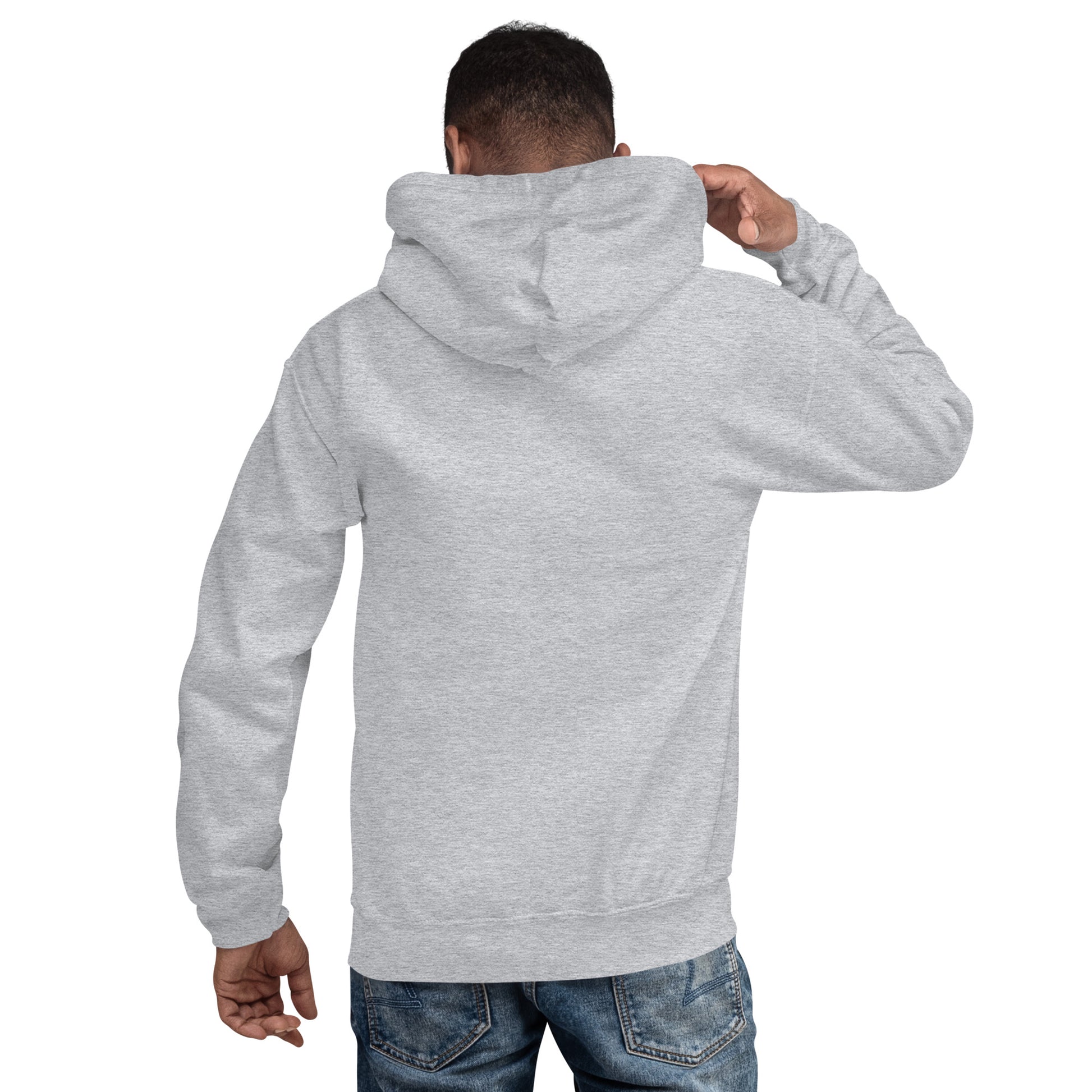 Back of a  man wearing a HUDL unisex pullover fleece hoodie – squash off-court essential, embroidered HUDL logo in light grey heather 