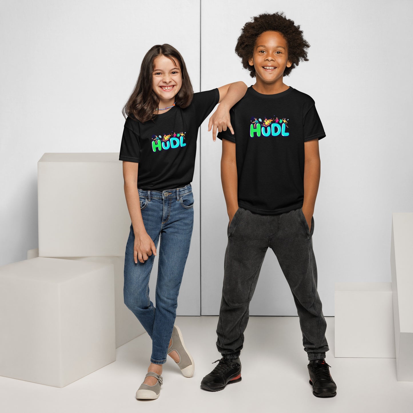 two Youths wearing HUDL youth squash T-shirt – lightweight performance fabric for junior squash players in Black