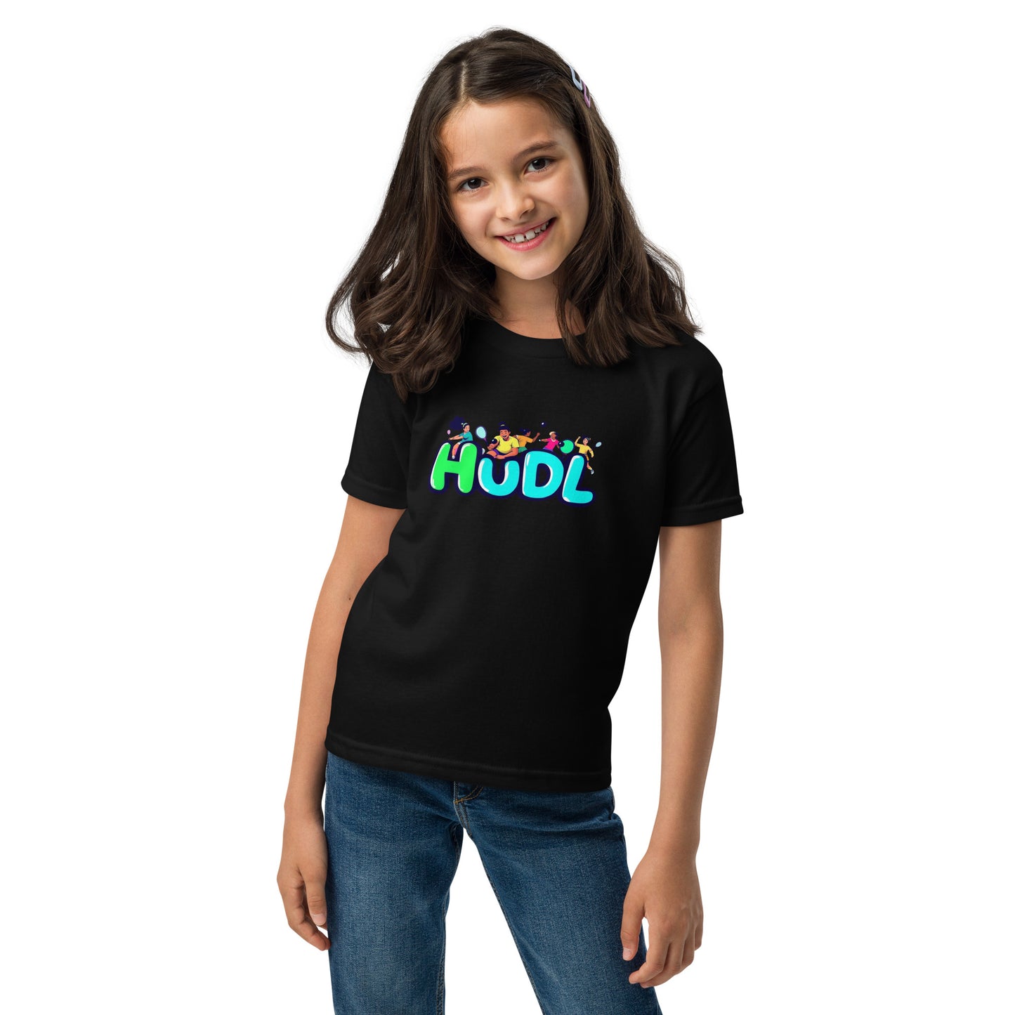 A young girl standing wearing a HUDL youth squash T-shirt – lightweight performance fabric for junior squash players in black 