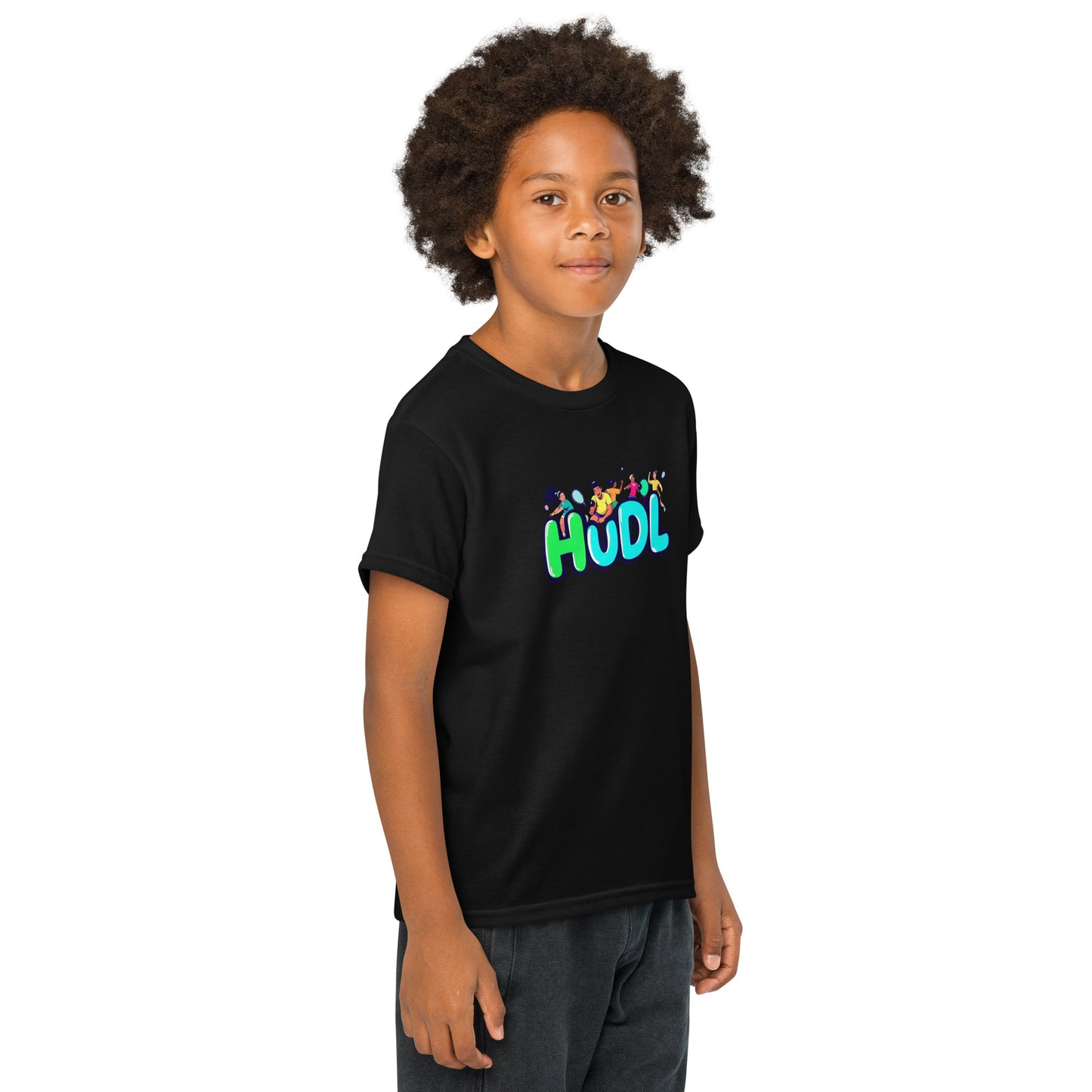 A youth wearing a HUDL youth squash T-shirt – lightweight performance fabric for junior squash players in black 