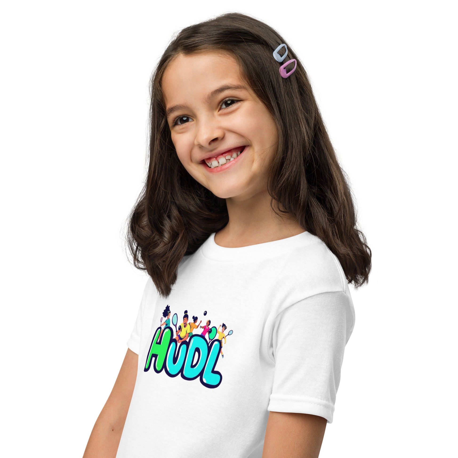 A girl standing wearing  a HUDL youth squash T-shirt – lightweight performance fabric for junior squash players in white 