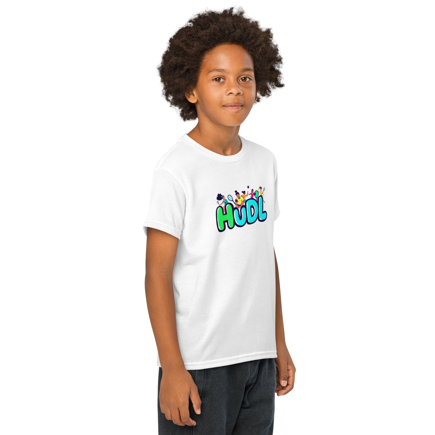 A youth standing and wearing a HUDL youth squash T-shirt – lightweight performance fabric for junior squash players in white